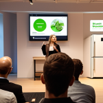 **

A dynamic presentation scene at a startup pitch event in Amsterdam. The founder, radiating passion, gestures towards a screen displaying a minimalist smart refrigerator design with digital overlays highlighting features that reduce food waste. In the foreground, diverse investors listen intently, some nodding thoughtfully. The overall atmosphere is energetic and hopeful, capturing the emotional connection and core values of sustainability and innovation. Focus on warm, inviting lighting and modern Dutch design aesthetics.

**