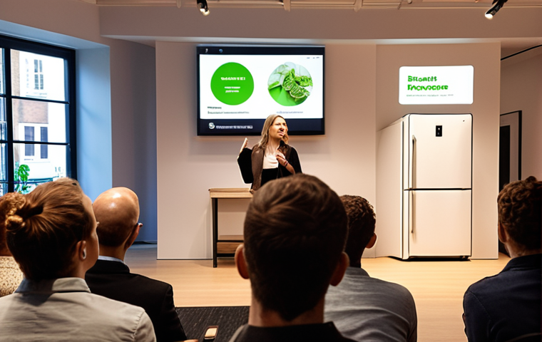 **

A dynamic presentation scene at a startup pitch event in Amsterdam. The founder, radiating passion, gestures towards a screen displaying a minimalist smart refrigerator design with digital overlays highlighting features that reduce food waste. In the foreground, diverse investors listen intently, some nodding thoughtfully. The overall atmosphere is energetic and hopeful, capturing the emotional connection and core values of sustainability and innovation. Focus on warm, inviting lighting and modern Dutch design aesthetics.

**