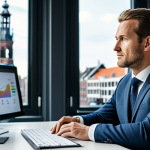A focused male startup founder, mid-30s, with a thoughtful expression, wearing a modest, tailored business suit. He is sitting at a sleek, minimalist desk in a modern, well-lit office in Amsterdam, looking at a digital dashboard displaying positive unit economics and long-term financial projections. A blurred cityscape is visible through a large window. Professional photography, high resolution, realistic, perfect anatomy, correct proportions, natural pose, well-formed hands, proper finger count, natural body proportions, fully clothed, modest clothing, appropriate attire, professional dress, safe for work, appropriate content, professional.