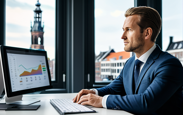 A focused male startup founder, mid-30s, with a thoughtful expression, wearing a modest, tailored business suit. He is sitting at a sleek, minimalist desk in a modern, well-lit office in Amsterdam, looking at a digital dashboard displaying positive unit economics and long-term financial projections. A blurred cityscape is visible through a large window. Professional photography, high resolution, realistic, perfect anatomy, correct proportions, natural pose, well-formed hands, proper finger count, natural body proportions, fully clothed, modest clothing, appropriate attire, professional dress, safe for work, appropriate content, professional.