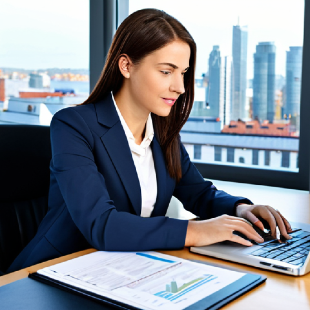 Businesswoman in Modern Office**

"A professional businesswoman in a modest business suit, sitting at a desk in a modern, bright office. She is reviewing financial documents and using a laptop. The office has large windows with a cityscape view. Fully clothed, appropriate attire, safe for work, perfect anatomy, natural proportions, professional photography, high quality, family-friendly."

**