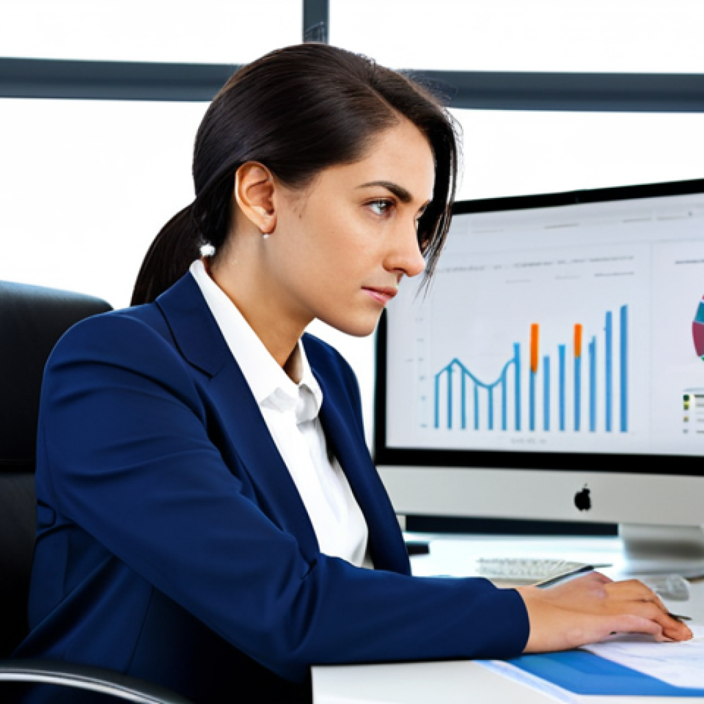 Businesswoman in Modern Office**
A professional businesswoman in a modest business suit, sitting at a desk in a modern office. She is analyzing KPIs on a dashboard. Fully clothed, appropriate attire, safe for work, perfect anatomy, natural proportions, professional photography, high quality. The office background is clean and well-lit. The businesswoman looks focused and competent. This is family-friendly and appropriate content.
**
