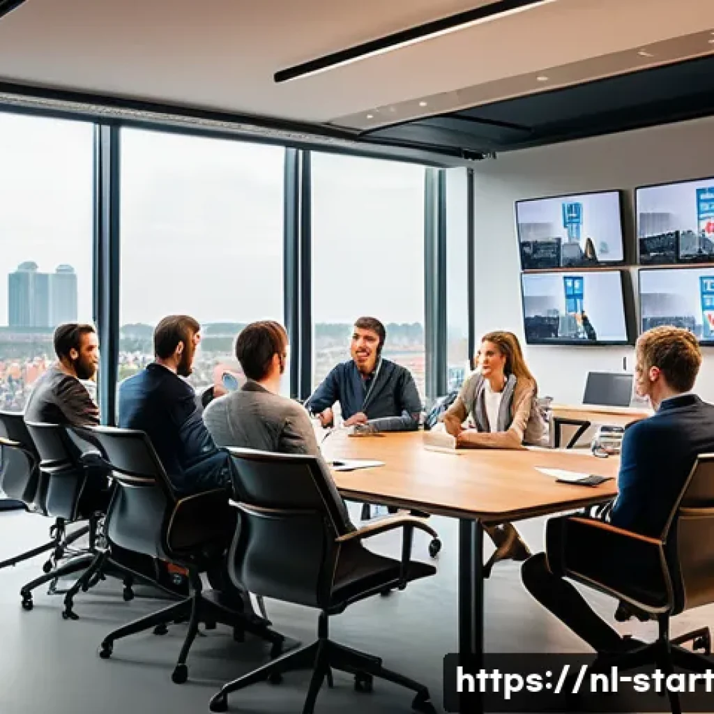 스타트업 가치 평가의 공정 거래 법률 - A modern Dutch startup office environment with diverse entrepreneurs in business casual attire gathe...