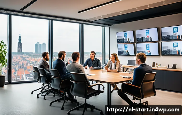 스타트업 가치 평가의 공정 거래 법률 - A modern Dutch startup office environment with diverse entrepreneurs in business casual attire gathe...