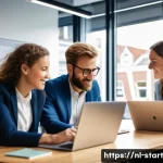 Home 21 스타트업 가치 평가와 투자자 기여도 - A dynamic startup team brainstorming in a modern Amsterdam office, featuring diverse Dutch professio...