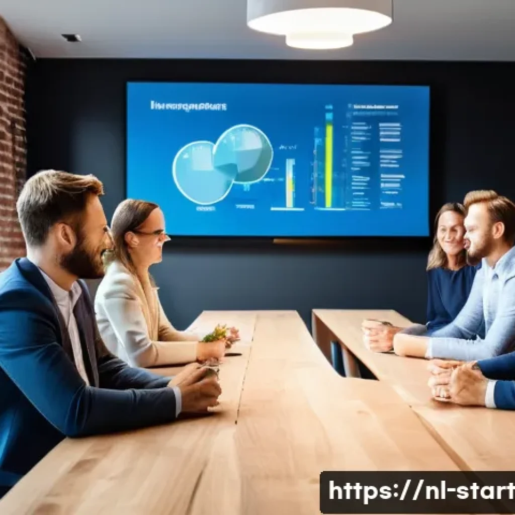 스타트업 가치 평가의 비즈니스 모델 중요성 - A modern Dutch startup office scene featuring a diverse team of young professionals gathered around ...