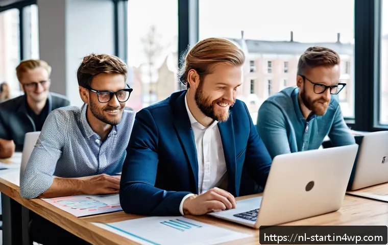 스타트업 가치 평가와 투자자 리턴 - A modern Dutch startup office environment with a diverse, experienced team collaborating around a la...