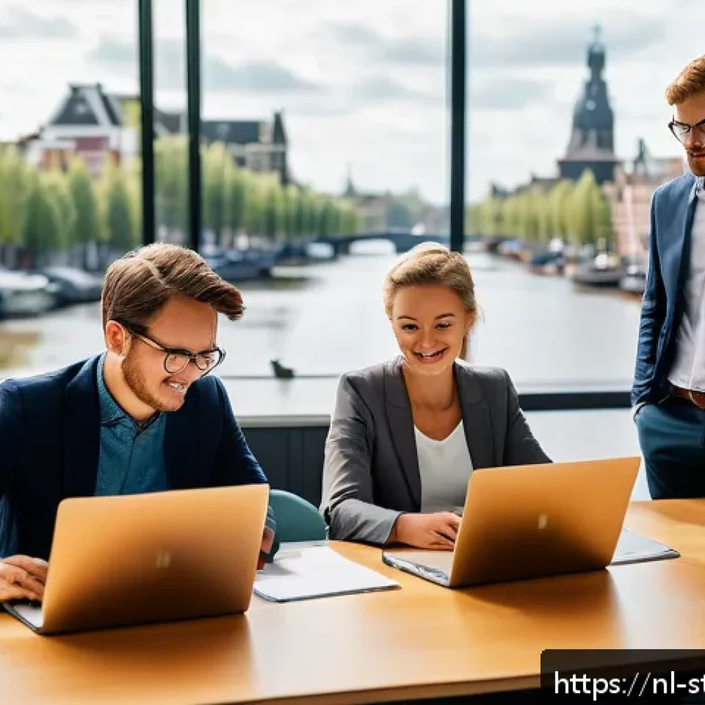 구조적 접근법으로 스타트업 가치 평가하기 - A modern Dutch startup office scene, featuring a diverse and professional team of young entrepreneur...