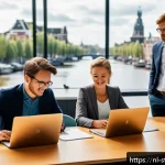Home 23 구조적 접근법으로 스타트업 가치 평가하기 - A modern Dutch startup office scene, featuring a diverse and professional team of young entrepreneur...