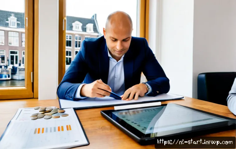Home 17 스타트업 가치 평가의 실무 지침 - Photorealistic startup valuation meeting in a bright modern Amsterdam office, two Dutch entrepreneur...