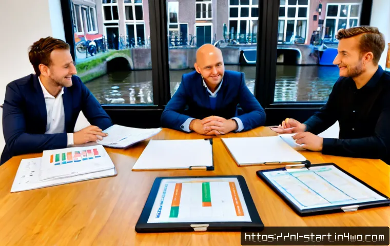 Home 17 스타트업 가치 평가에서의 경쟁 분석 - Photorealistic Dutch startup valuation meeting in a bright Amsterdam canal-side office, diverse foun...